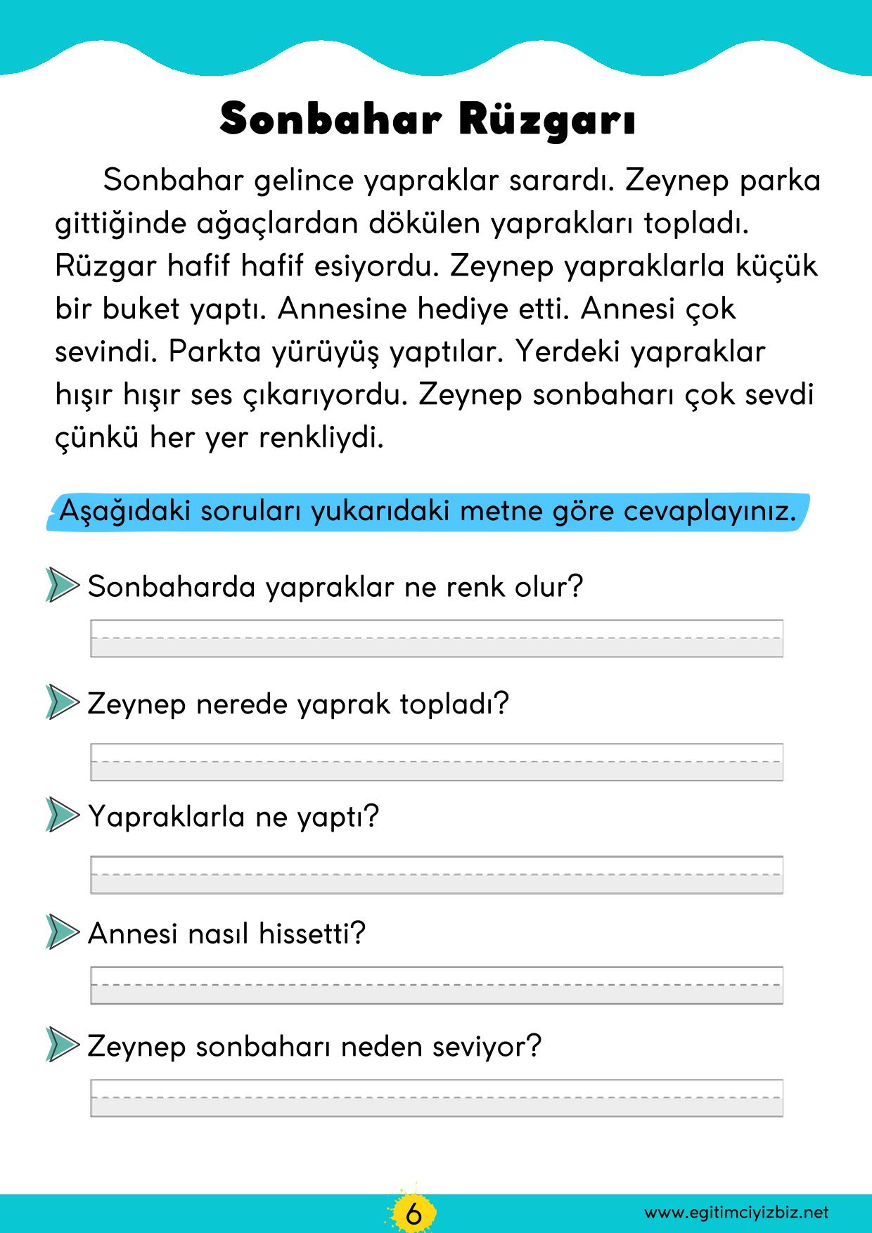 1. Sınıf Okuma Anlama Etkinliği-Sonbahar Rüzgarı (Maarif Modeli Uyumlu)