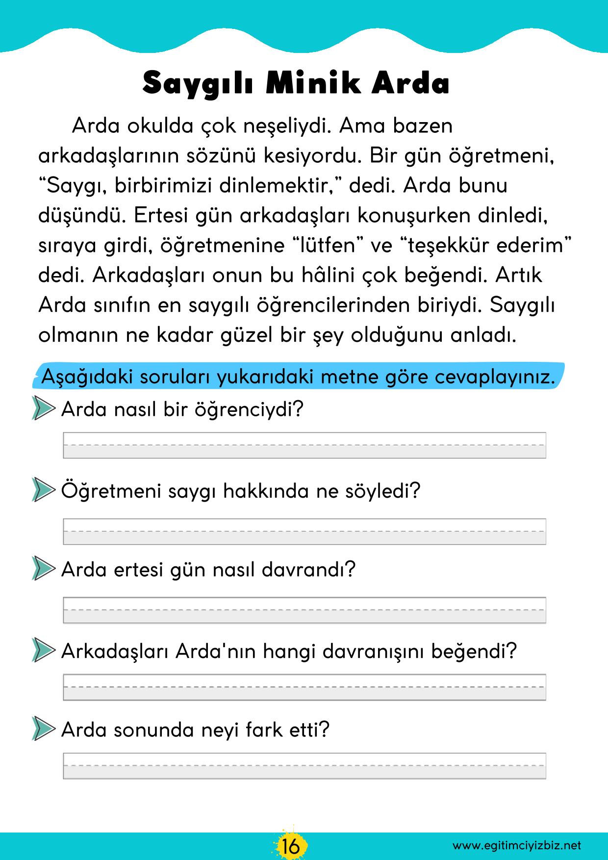 1. Sınıf Okuma Anlama Etkinliği-Saygılı Minik Arda (Maarif Modeli Uyumlu)