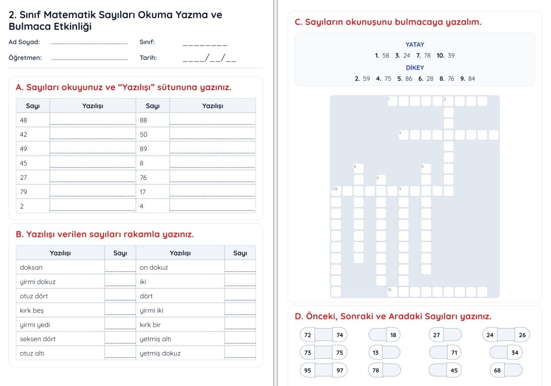 2. Sınıf Matematik Sayıları Okuma Yazma ve Bulmaca Etkinliği (Maarif Modeli Uyumlu)