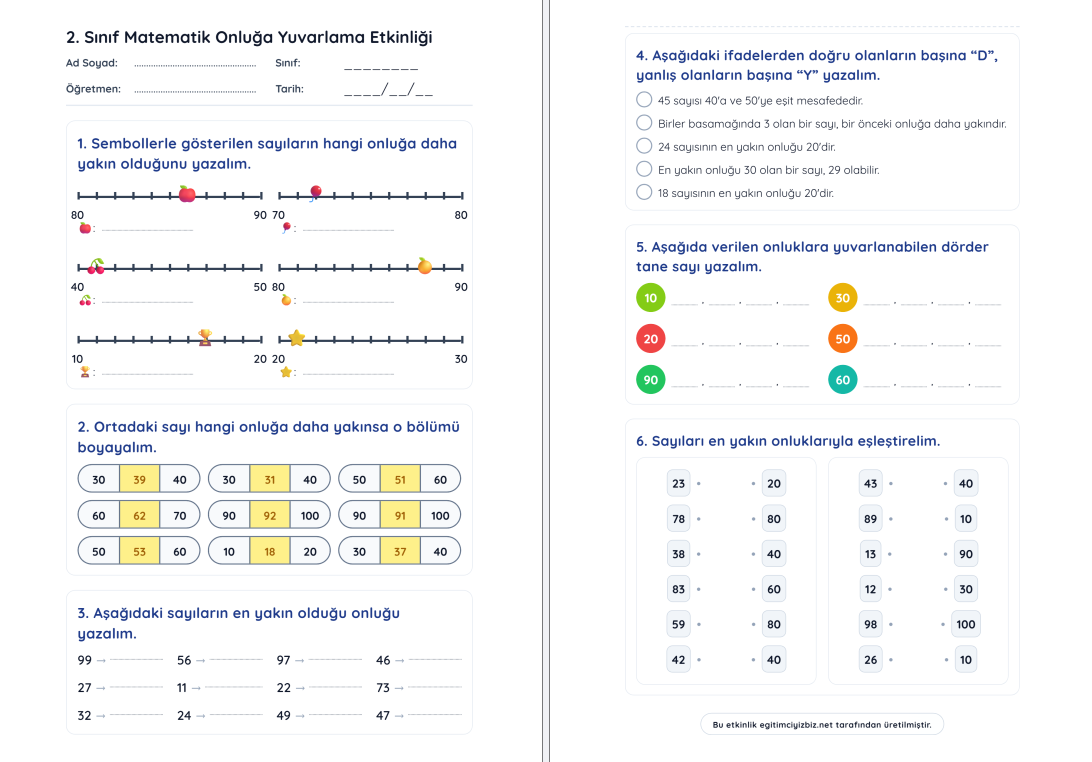2. Sınıf Matematik Onluğa Yuvarlama Etkinliği (Maarif Modeli Uyumlu)