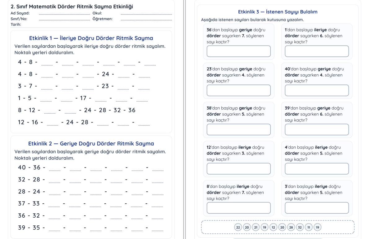 2. Sınıf Matematik Dörder Ritmik Sayma Etkinliği (Maarif Modeli Uyumlu)
