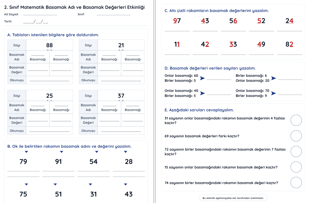 2. Sınıf Matematik Basamak Adı ve Basamak Değerleri Etkinliği (Maarif Modeli Uyumlu)