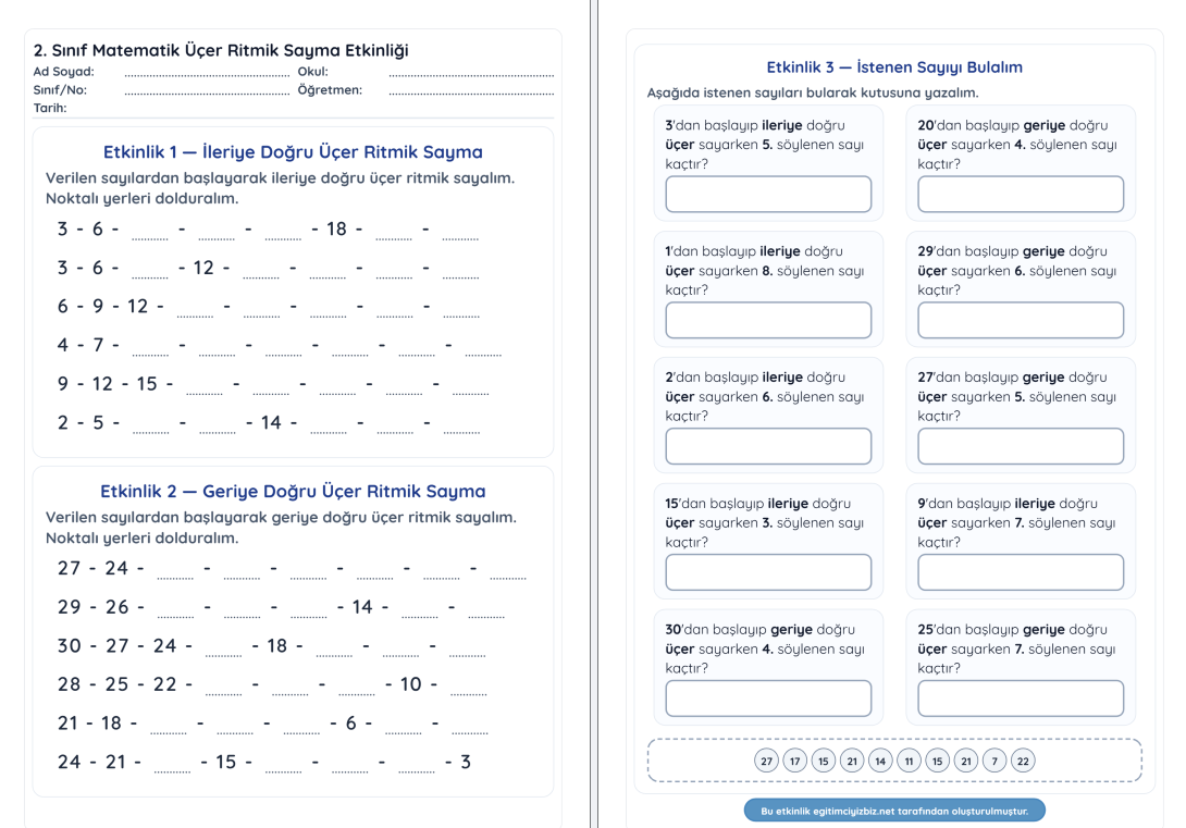2. Sınıf Matematik Üçer Ritmik Sayma Etkinliği (Maarif Modeli Uyumlu)