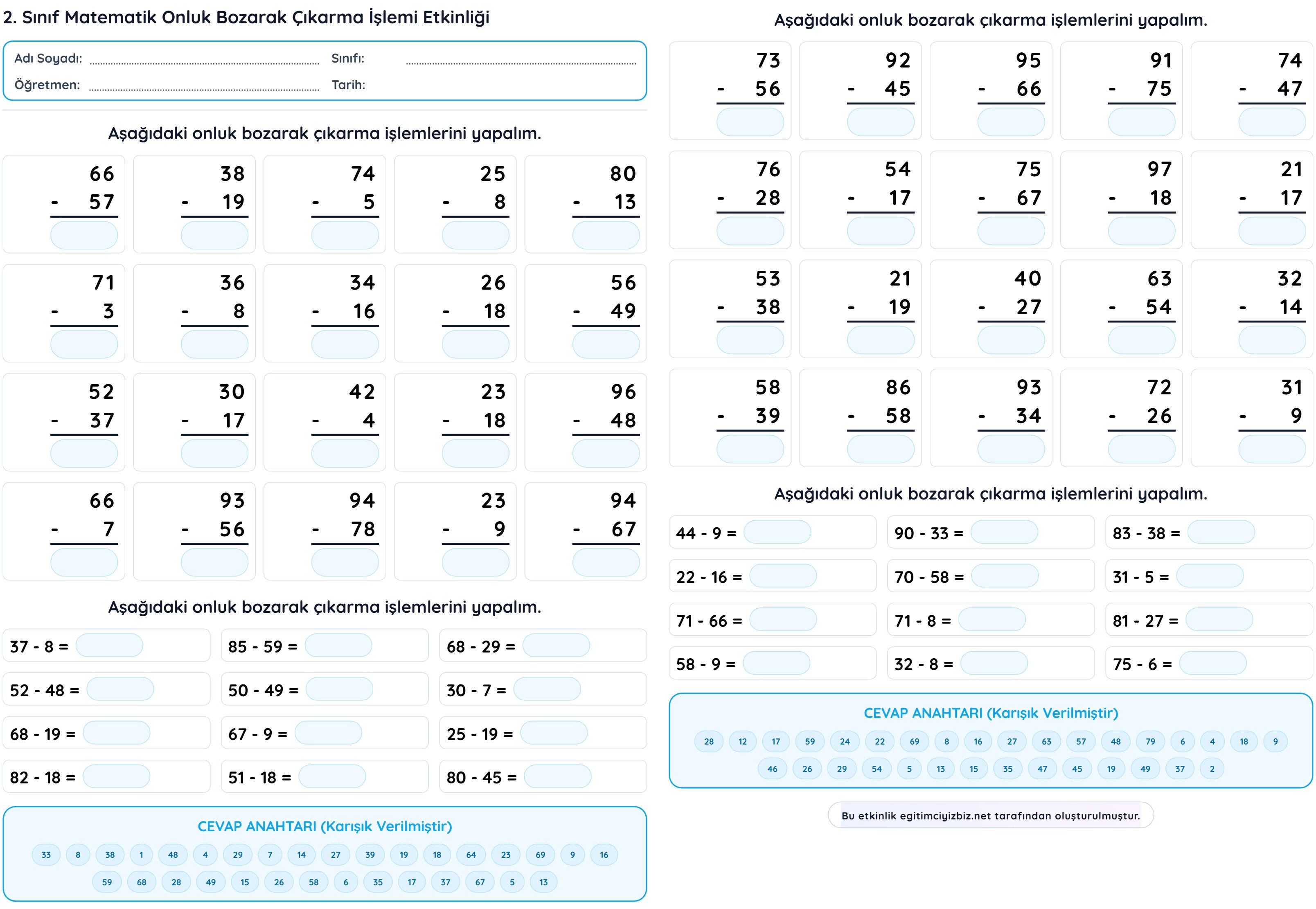 2. Sınıf Matematik Onluk Bozarak Çıkarma İşlemi Etkinliği (Maarif Modeli Uyumlu)