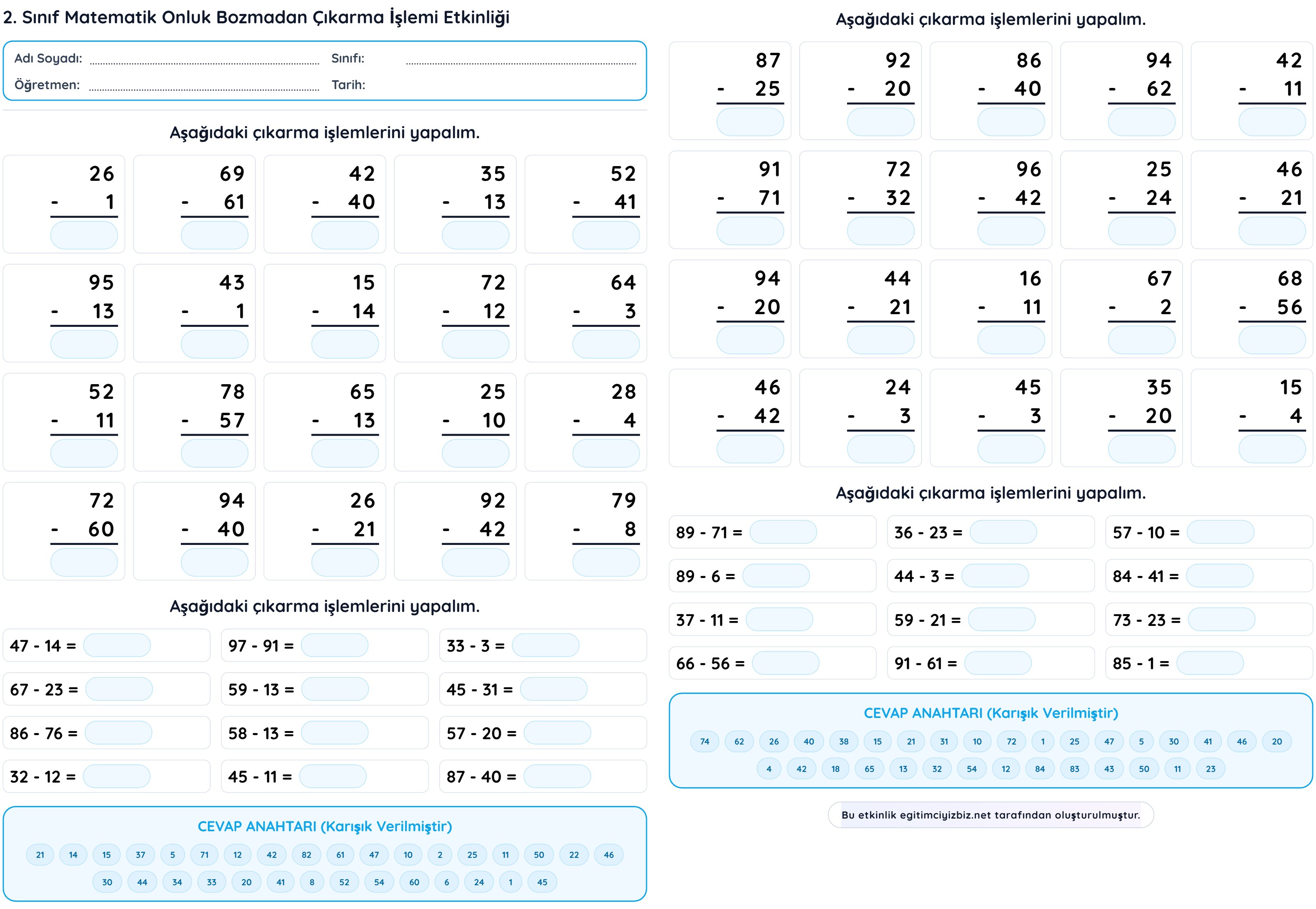 2. Sınıf Matematik Onluk Bozmadan Çıkarma İşlemi Etkinliği (Maarif Modeli Uyumlu)