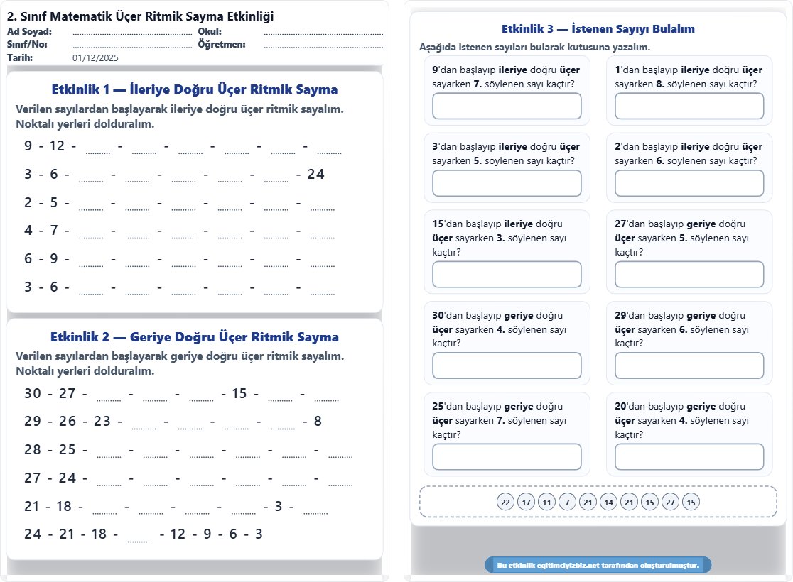 2. Sınıf Matematik Üçer Ritmik Sayma Etkinliği (Maarif Modeli Uyumlu)