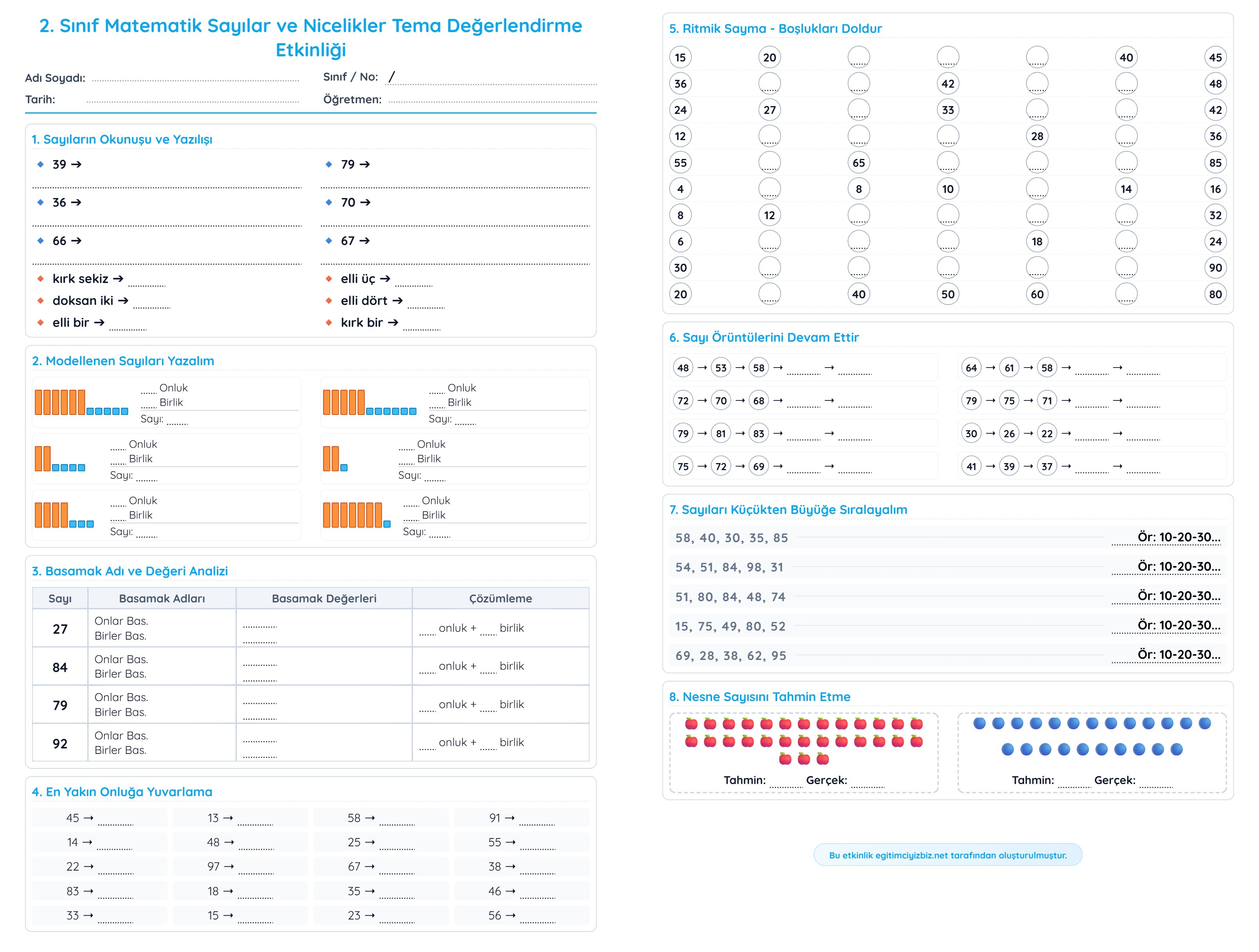 2. Sınıf Matematik Sayılar ve Nicelikler Tema Değerlendirme Etkinliği (Maarif Modeli Uyumlu)