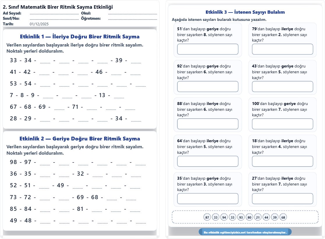 2. Sınıf Matematik Birer Ritmik Sayma Etkinliği (Maarif Modeli Uyumlu)