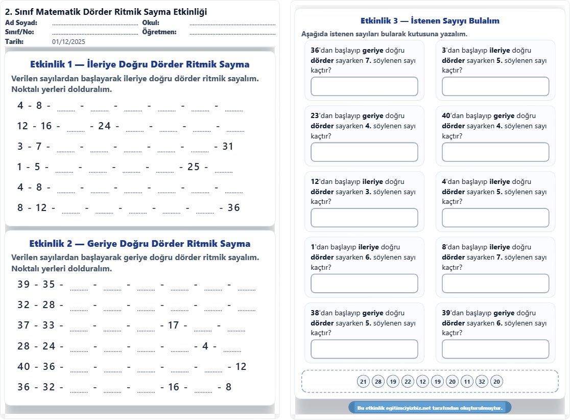 2. Sınıf Matematik Dörder Ritmik Sayma Etkinliği (Maarif Modeli Uyumlu)