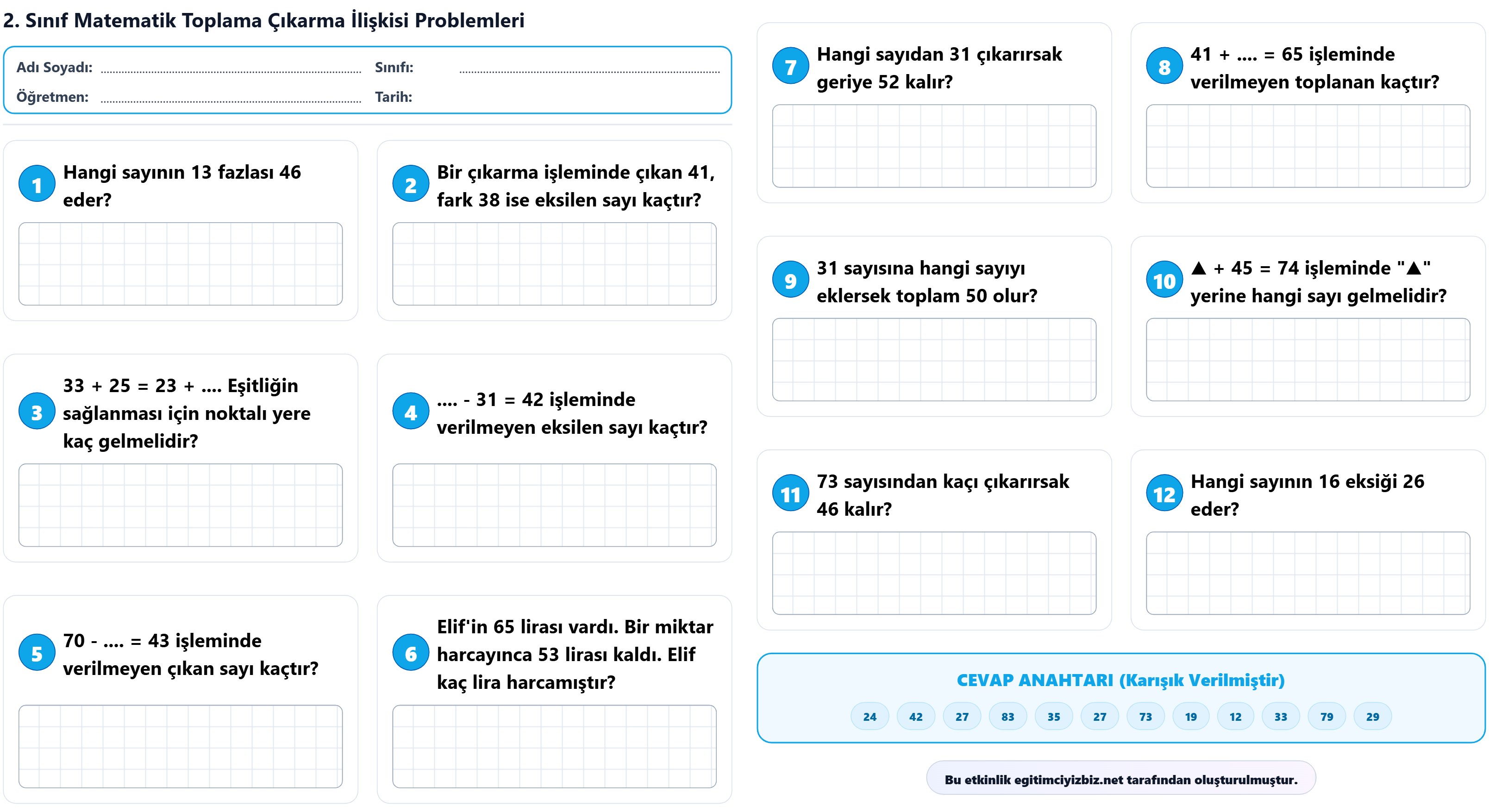 2. Sınıf Matematik Toplama Çıkarma İlişkisi Problemleri (Maarif Modeli Uyumlu)