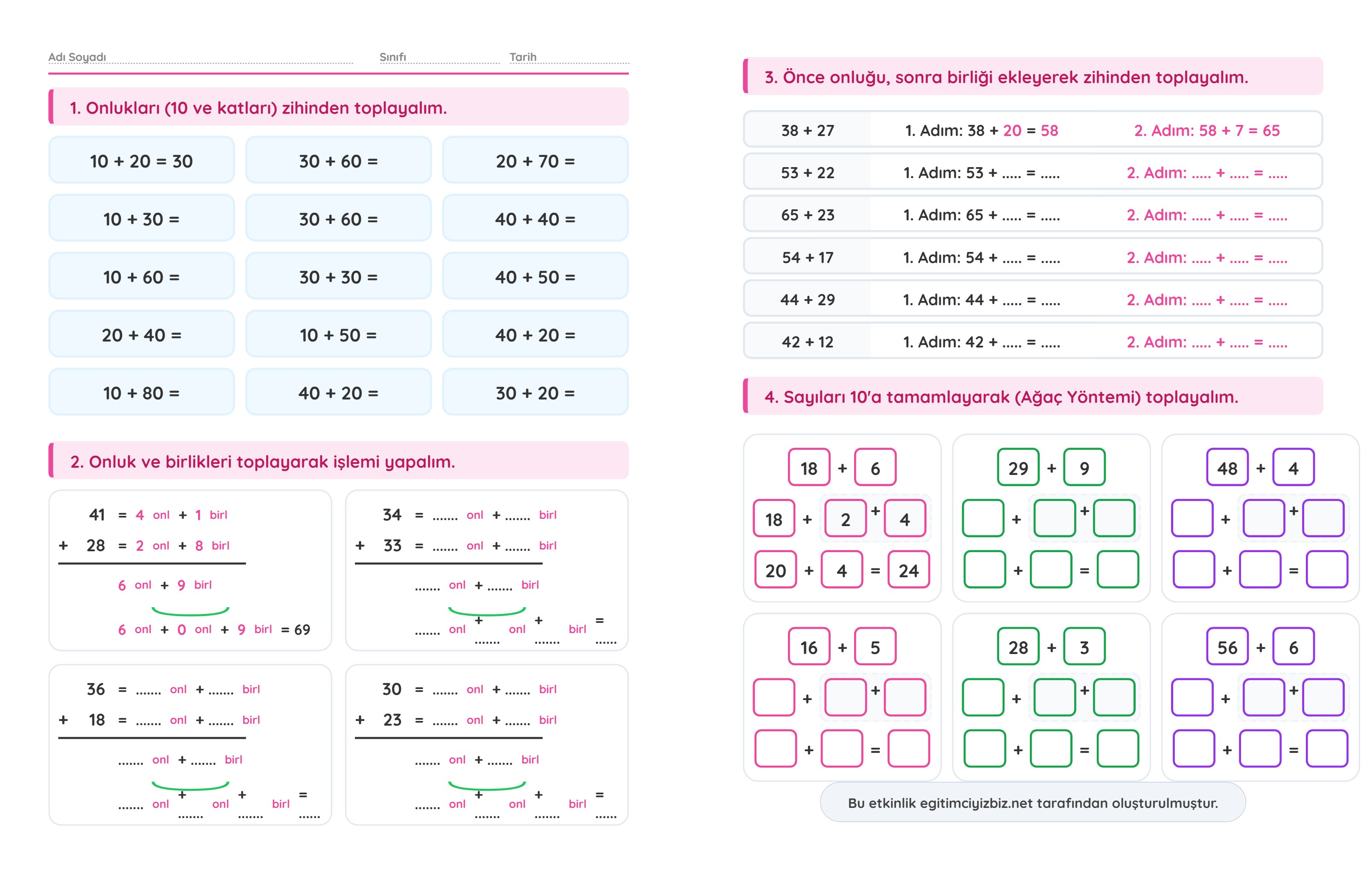 2. Sınıf Matematik Zihinden Toplama Etkinliği (Maarif Modeli Uyumlu)
