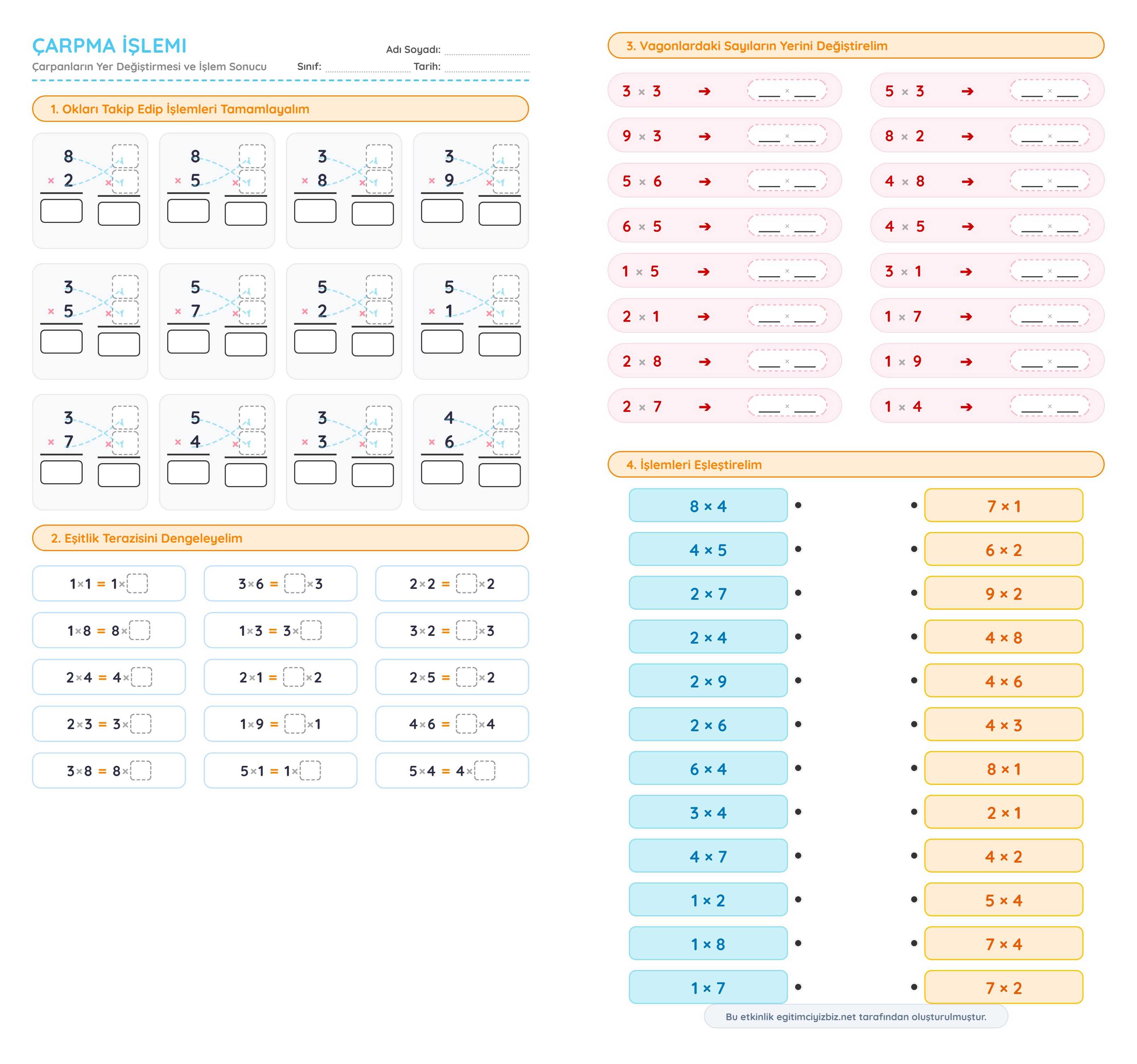 2. Sınıf Matematik Çarpanların Yer Değiştirme Etkinliği (Maarif Modeli Uyumlu)
