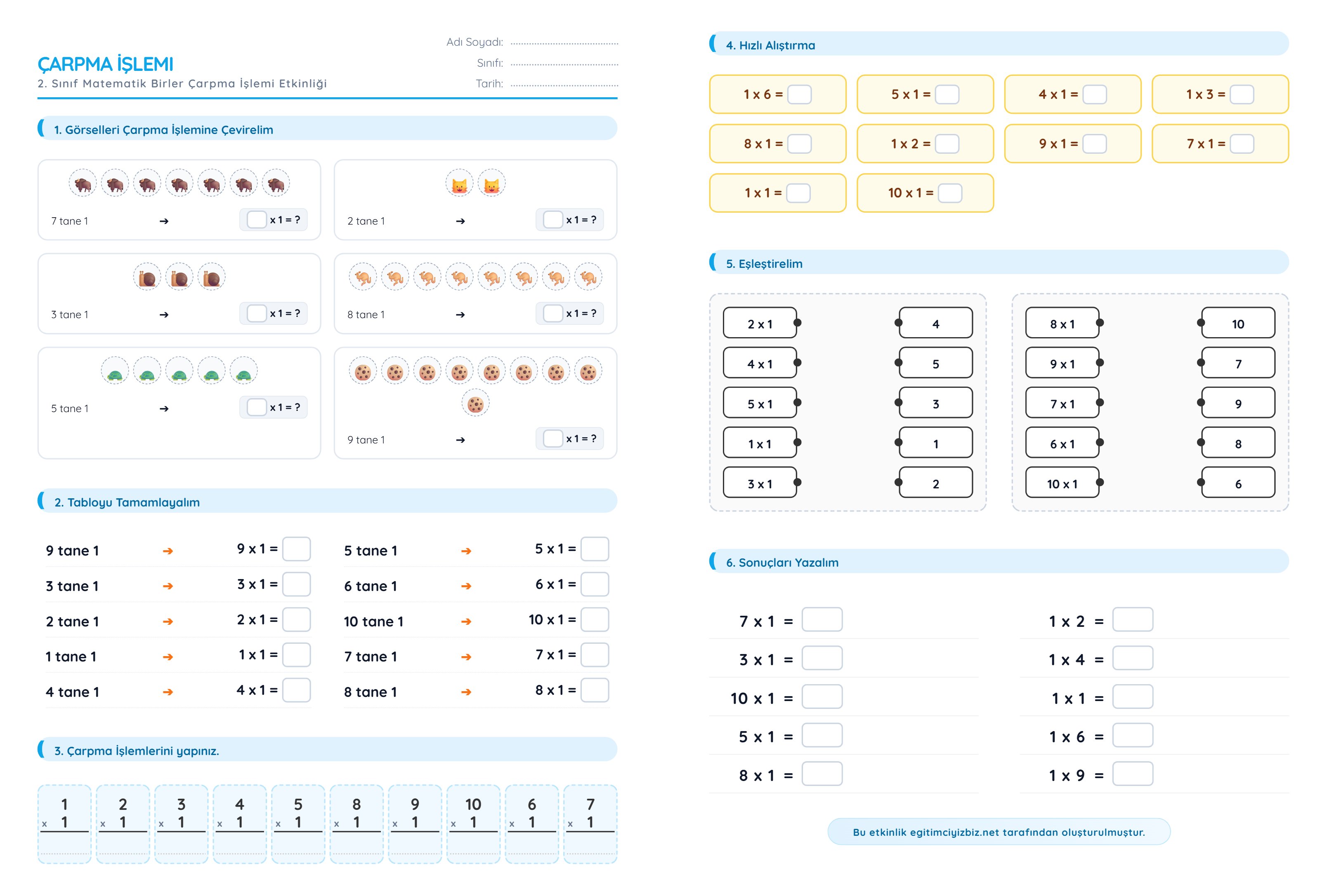 2. Sınıf Matematik Birler Çarpma İşlemi Etkinliği (Maarif Modeli Uyumlu)