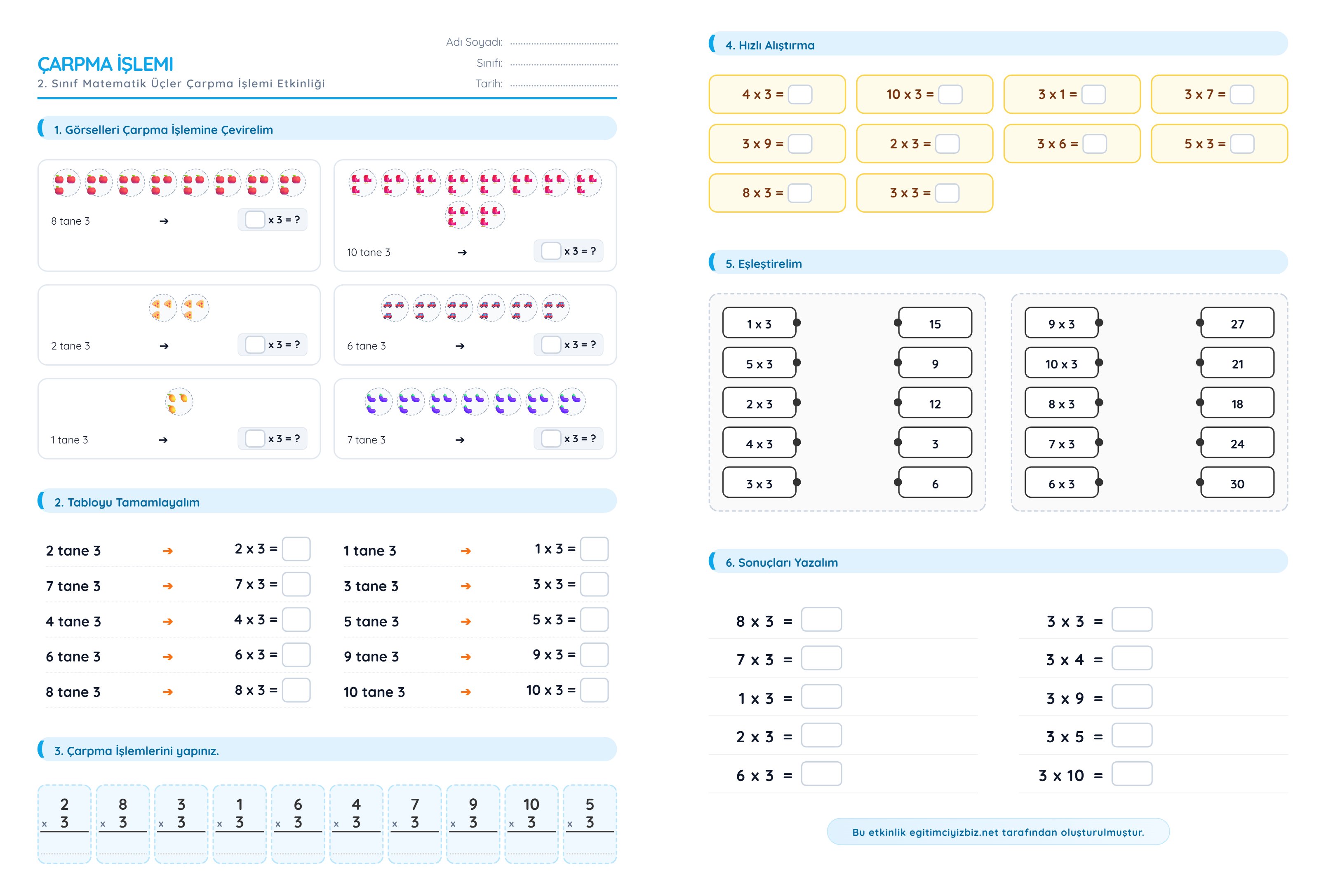2. Sınıf Matematik Üçler Çarpma İşlemi Etkinliği (Maarif Modeli Uyumlu)
