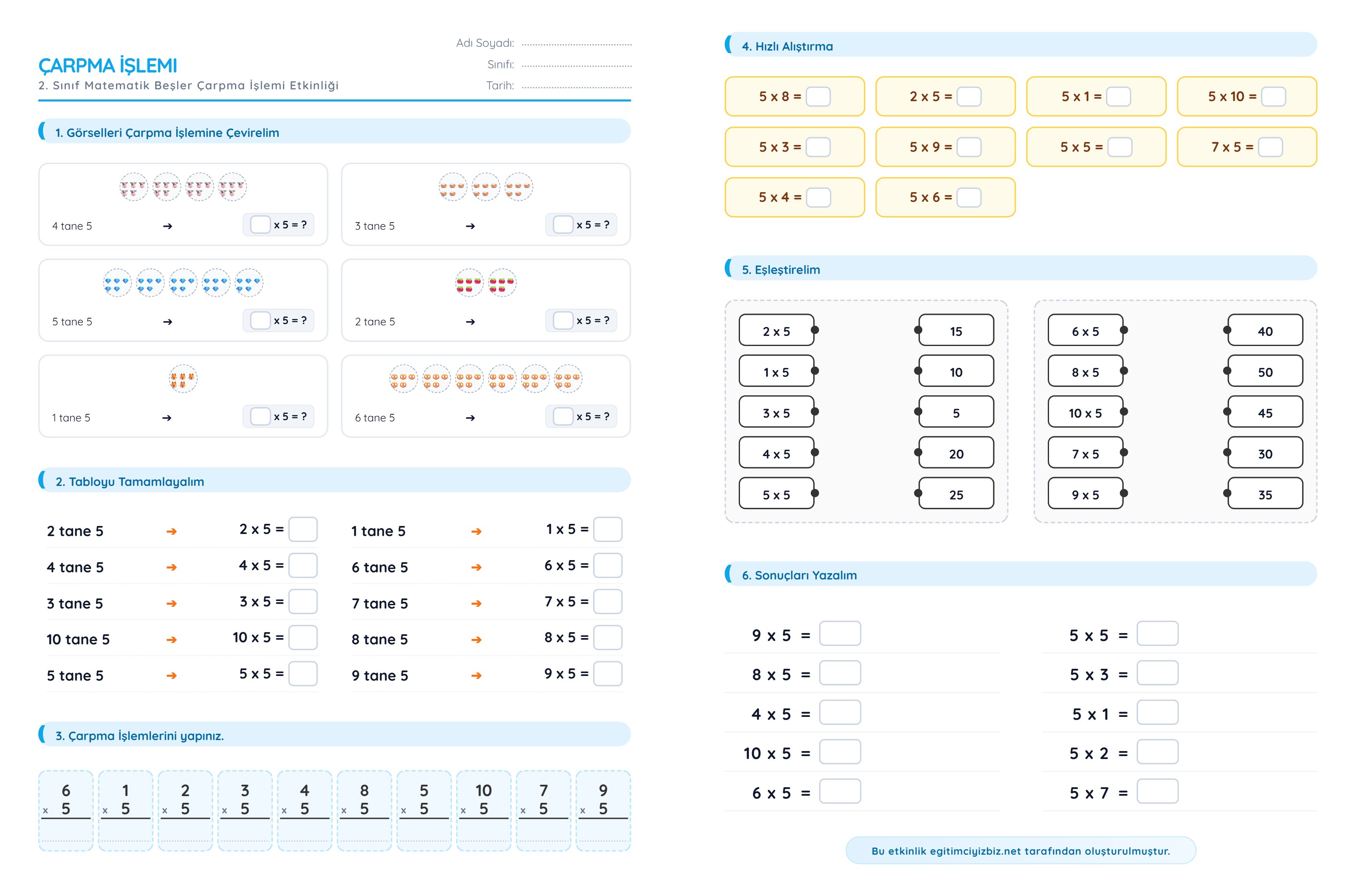2. Sınıf Matematik Beşler Çarpma İşlemi Etkinliği (Maarif Modeli Uyumlu)