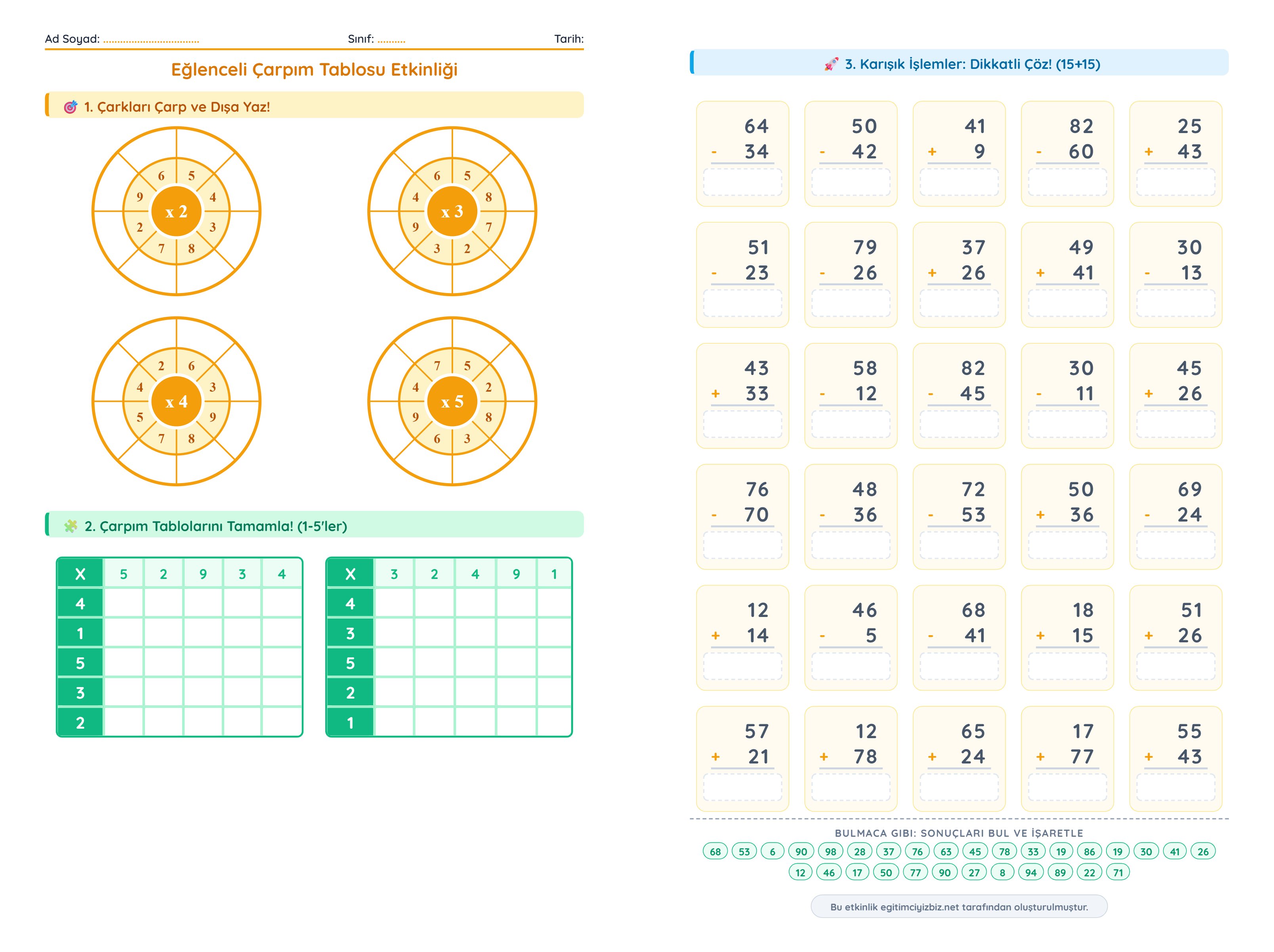 2. Sınıf Matematik Toplama Çıkarma Çarpma Etkinlikleri (Maarif Modeli Uyumlu)