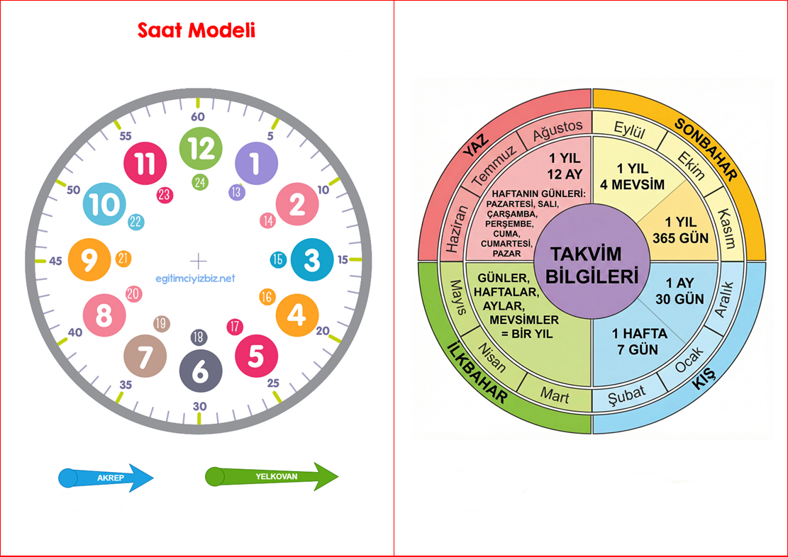 Renkli Saat Modeli ve Mevsimler/Takvim Çarkı