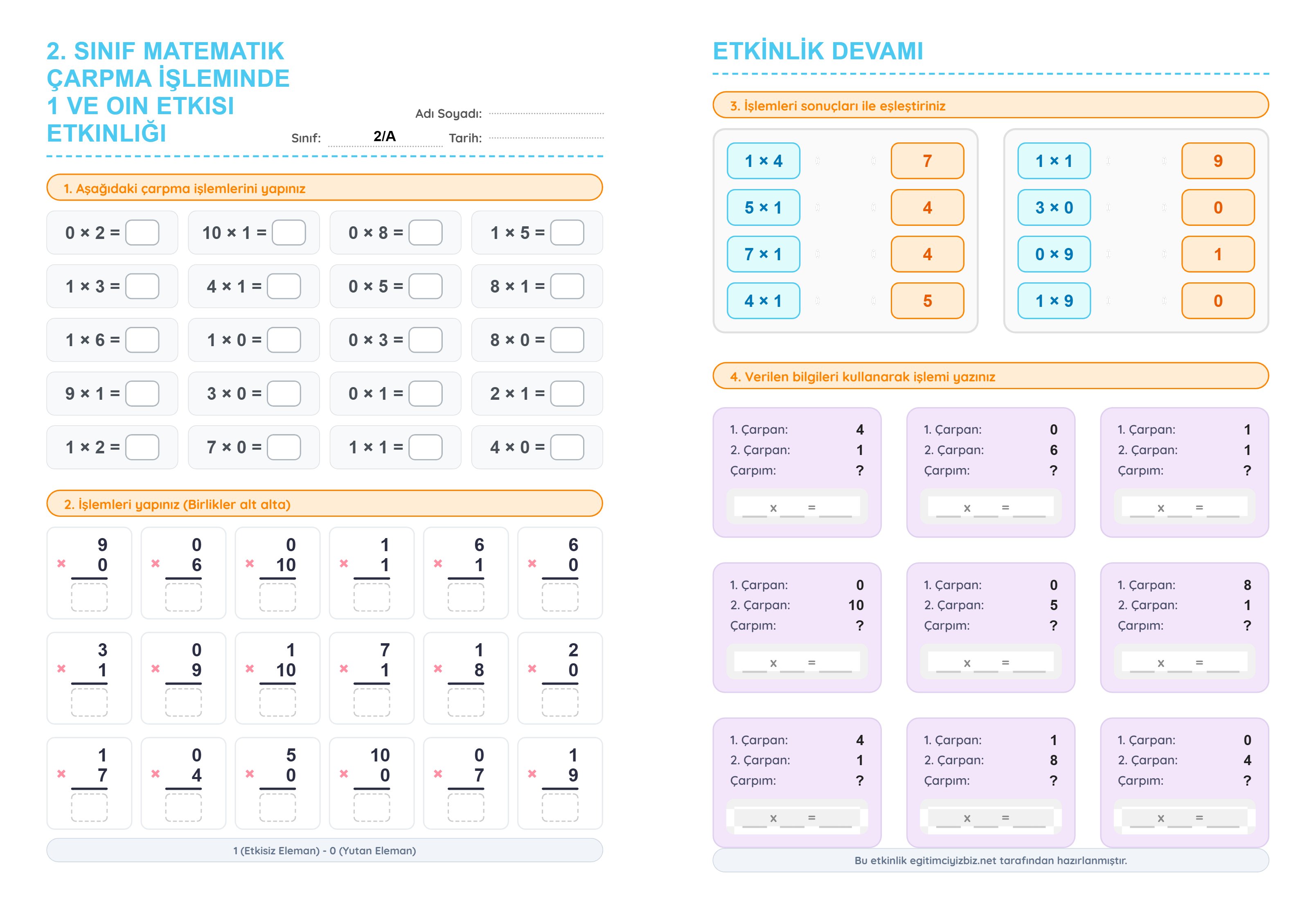 2. Sınıf Matematik Çarpma İşleminde 1 ve O'ın Etkisi Etkinliği (Maarif Modeli Uyumlu)