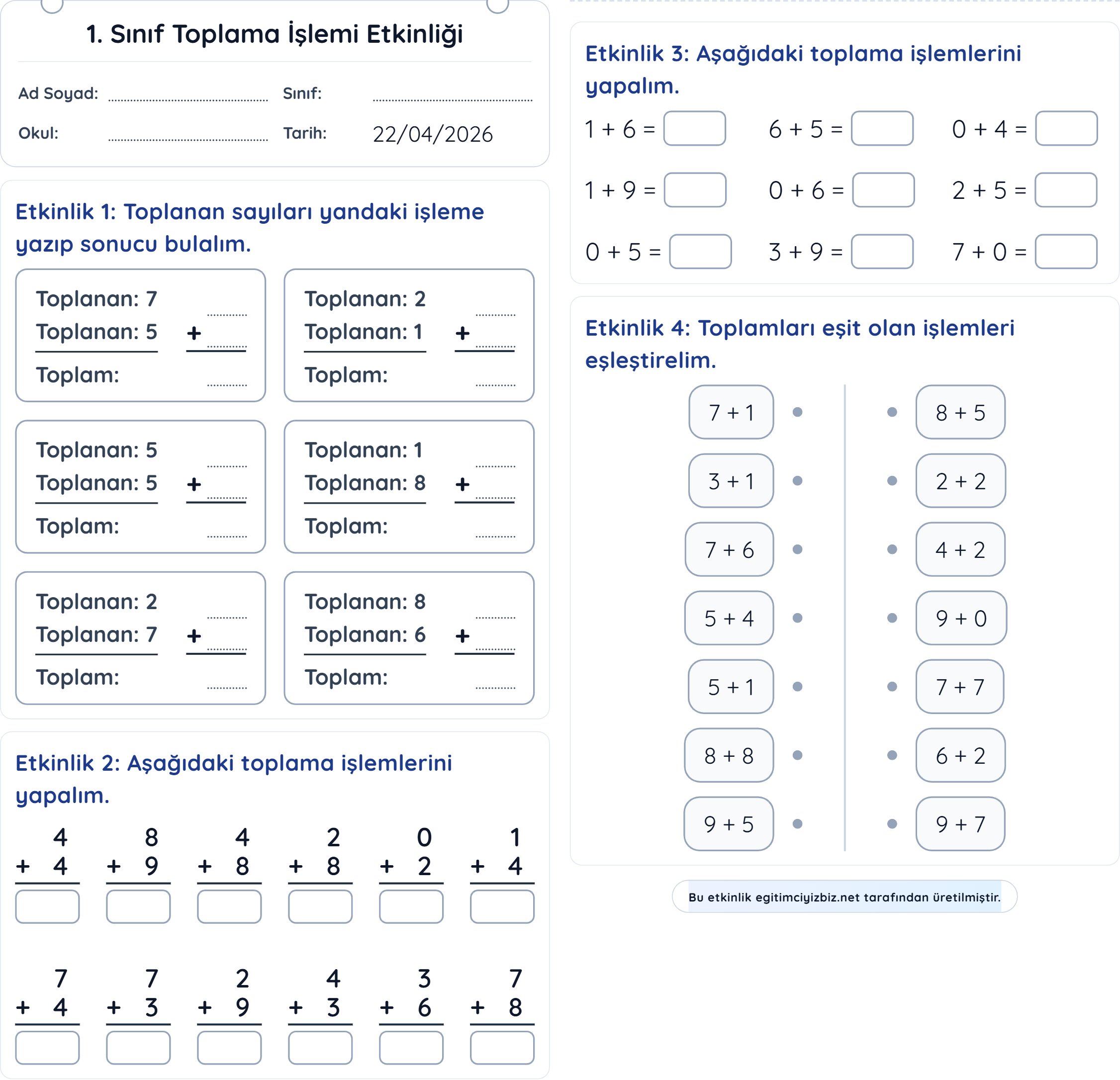 1. Sınıf Matematik Toplama İşlemi Etkinliği-1 (Maarif Modeli Uyumlu)