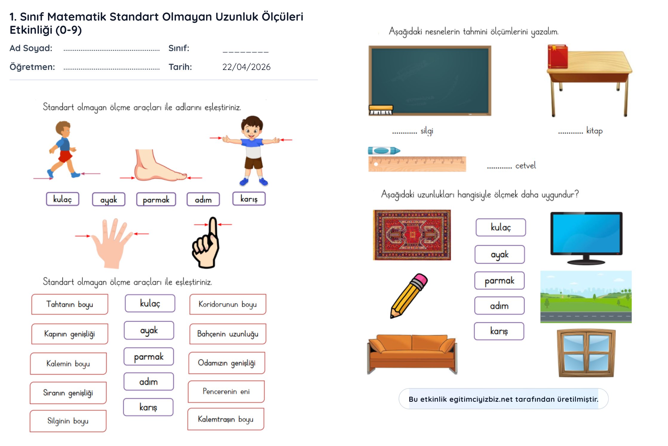 1. Sınıf Matematik Standart Olmayan Uzunluk Ölçüleri Etkinliği (Maarif Modeli Uyumlu)