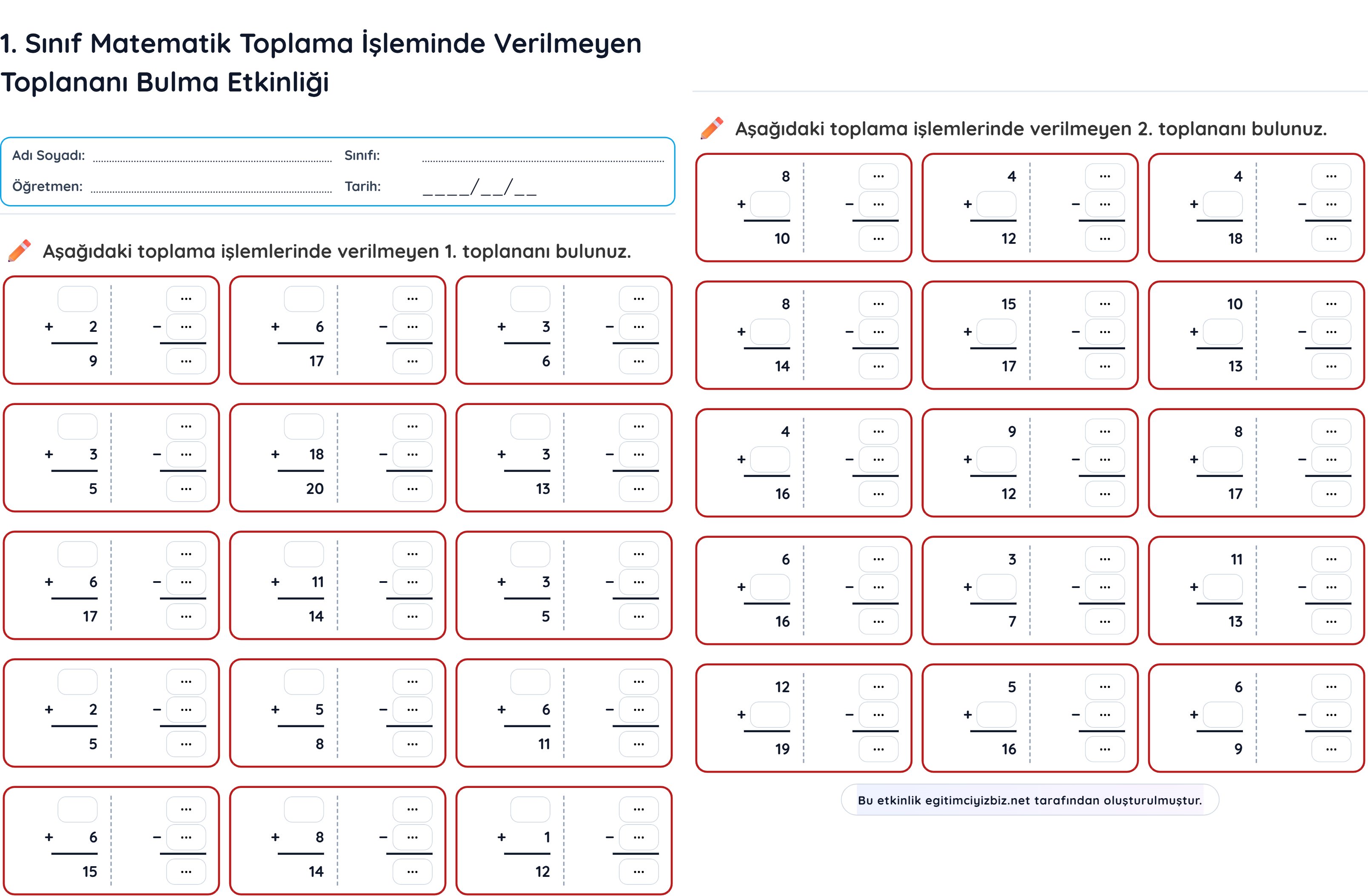 1. Sınıf Matematik Toplamada Verilmeyen Toplananı Bulma Etkinliği (Maarif Modeli Uyumlu)