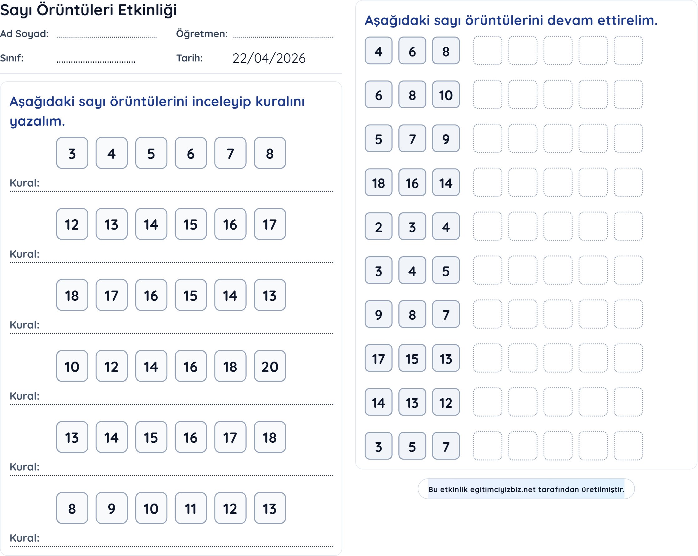 1. Sınıf Matematik Sayı Örüntüleri Etkinliği (Maarif Modeli Uyumlu)