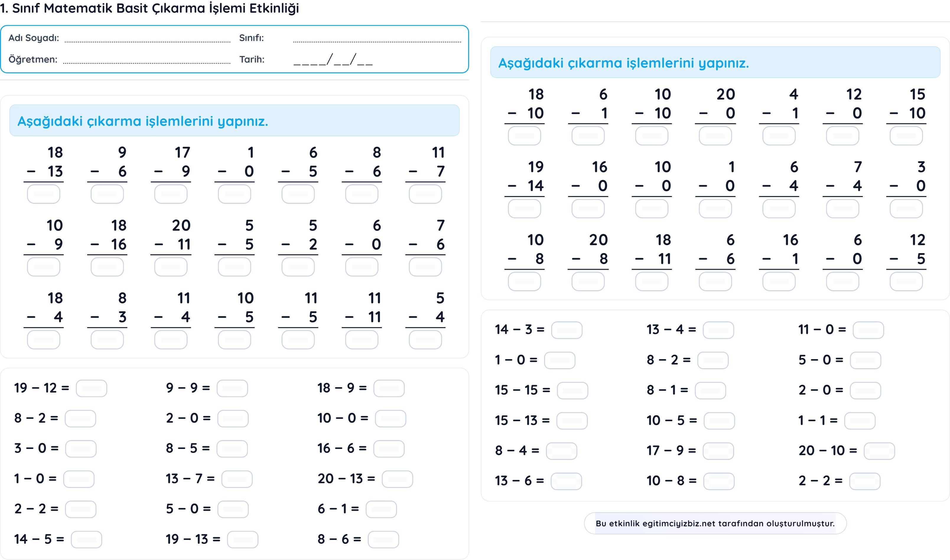 1. Sınıf Matematik Basit Çıkarma İşlemi Etkinliği (Maarif Modeli Uyumlu)