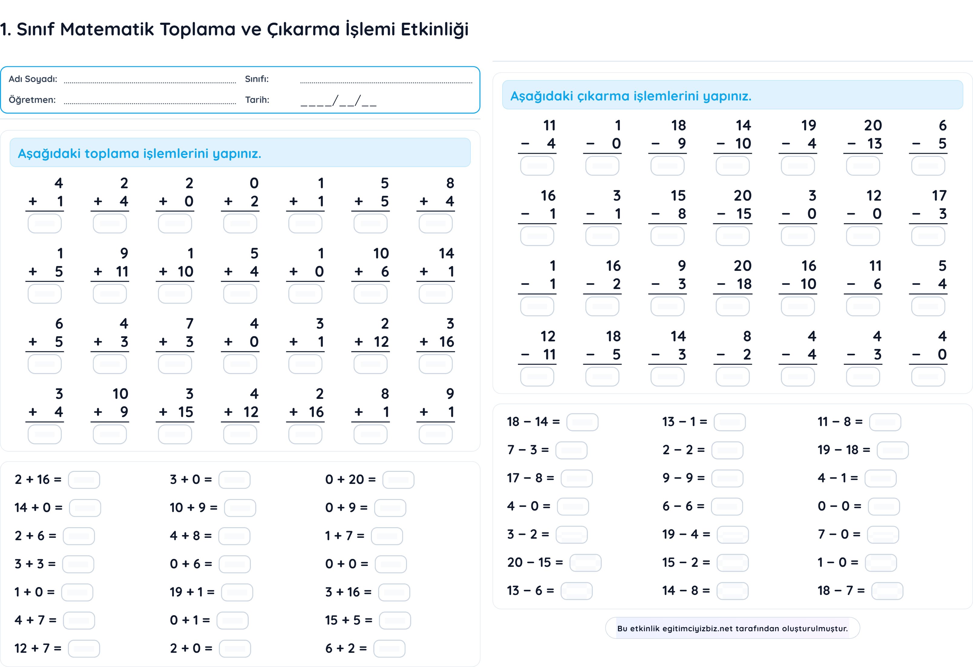 1. Sınıf Matematik Toplama ve Çıkarma İşlemi Etkinliği (Maarif Modeli Uyumlu)