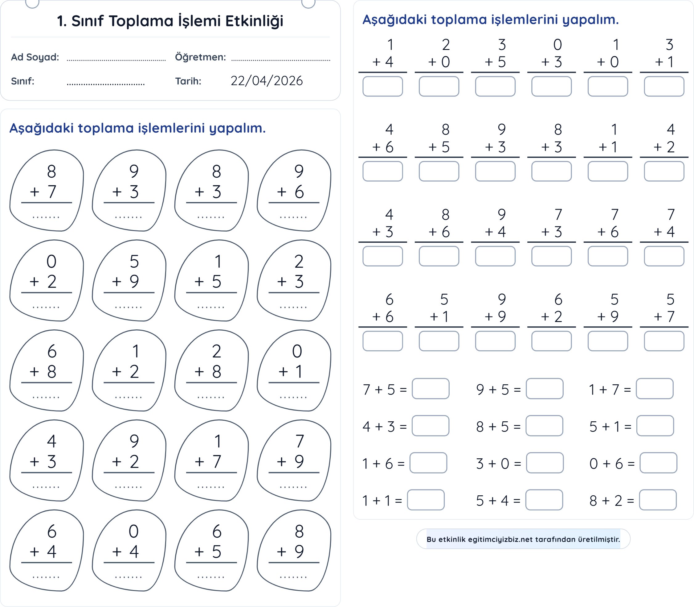1. Sınıf Matematik Basit Toplama İşlemi Etkinliği (Maarif Modeli Uyumlu)