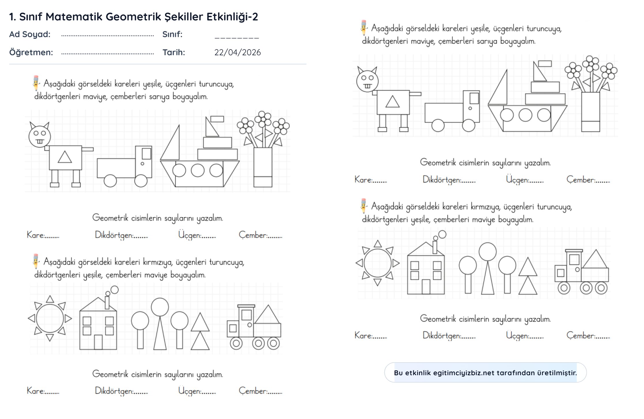 1. Sınıf Matematik Geometrik Şekiller Etkinliği-2 (Maarif Modeli Uyumlu)