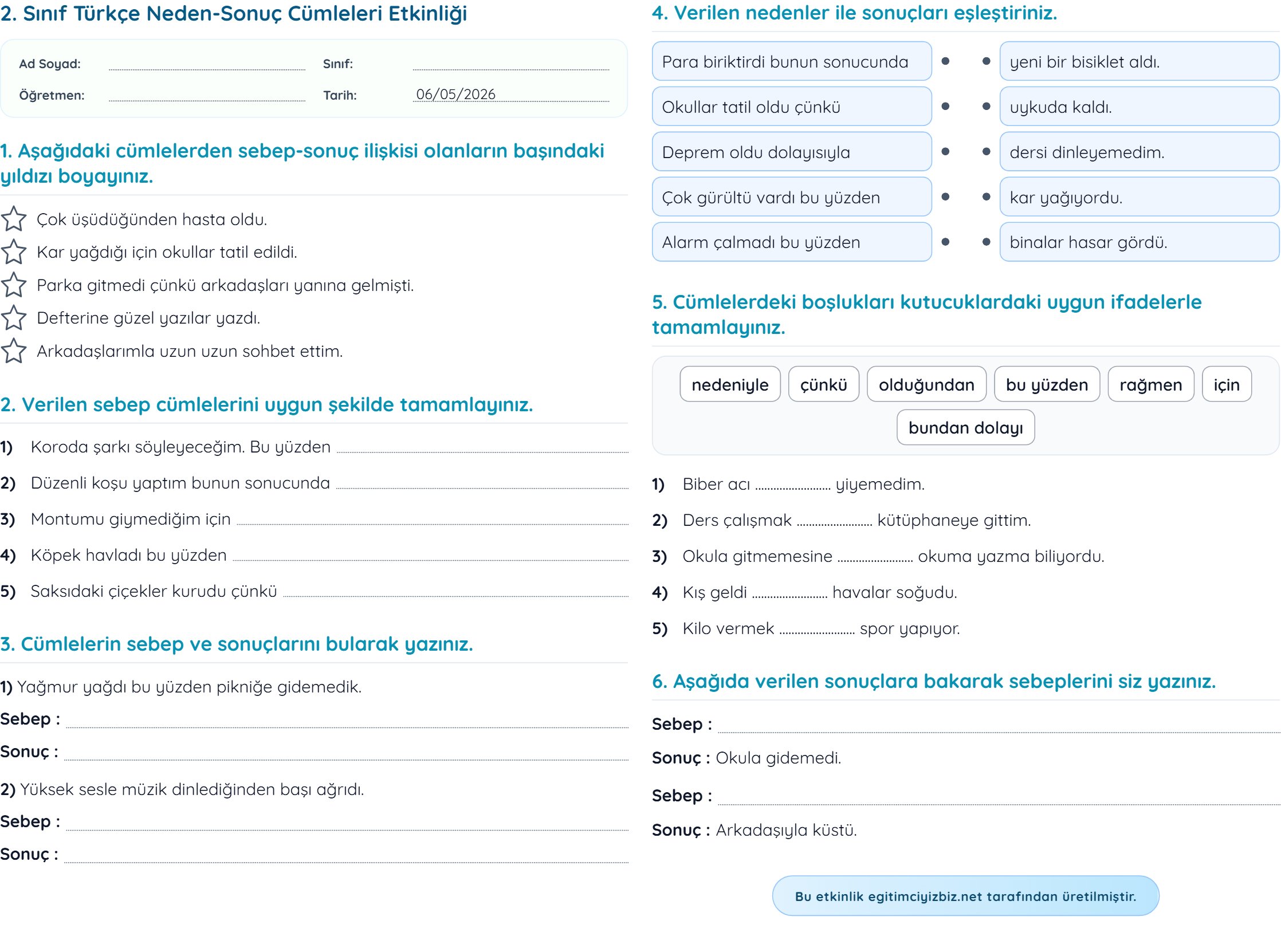 2. Sınıf Türkçe Neden Sonuç Cümleleri Etkinliği (Maarif Model Uyumlu)