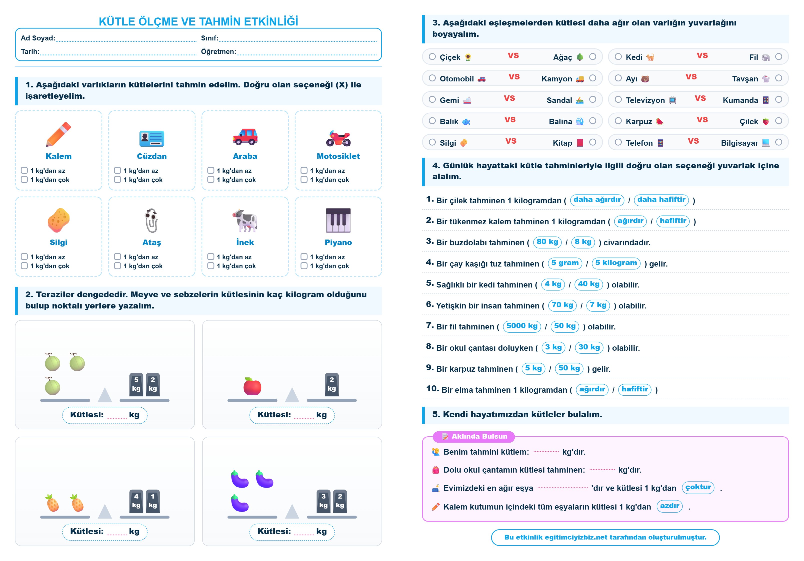 2. Sınıf Matematik Kütle Ölçme ve Tahmin Etkinliği (Maarif Model Uyumlu)