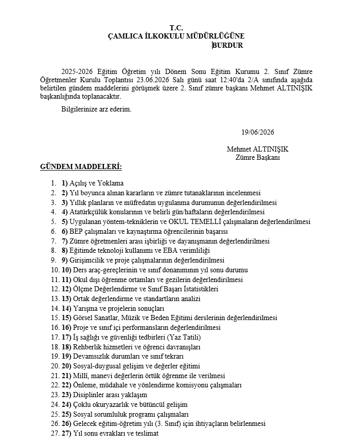 2025-2026 2. Sınıf Yıl Sonu Zümre Toplantı Tutanağı (Maarif Modeli Uyumlu)