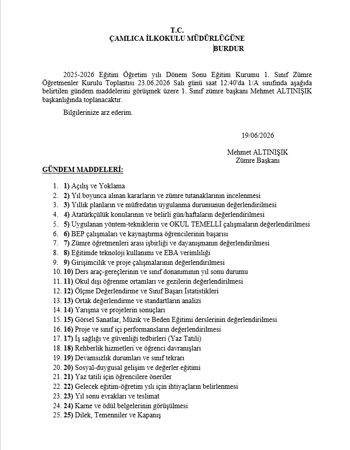 2025-2026 1. Sınıf Yıl Sonu Zümre Toplantı Tutanağı (Maarif Modeli Uyumlu)