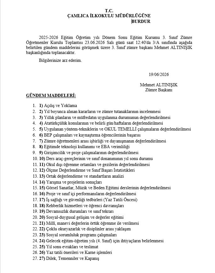 2025-2026 3. Sınıf Yıl Sonu Zümre Toplantı Tutanağı (Maarif Modeli Uyumlu)